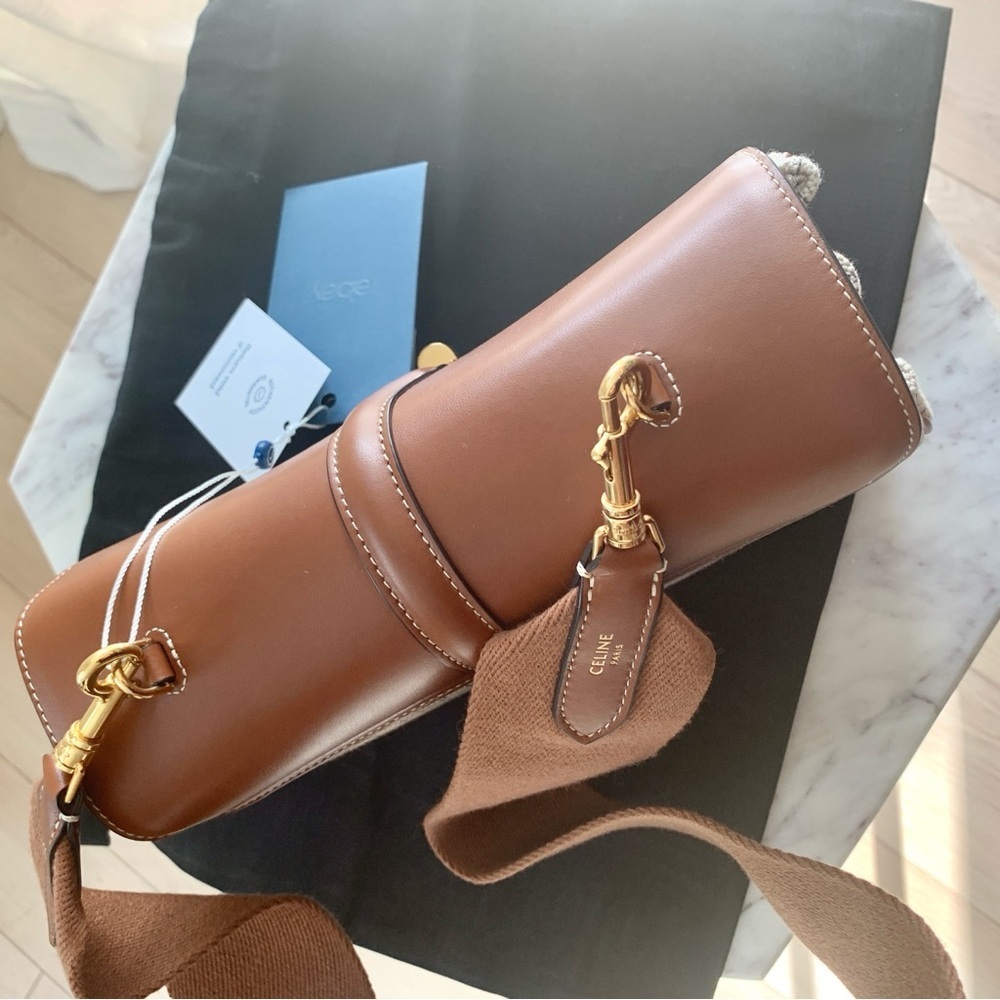 🌟 CELINE Teen Soft 16 Crossbody Bag in Textile Logo and Natural Tan Leather - Picture 6 of 16